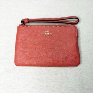 Coach F58032 Corner Zip Wristlet Women Pebble Leather Orange Coral Sunset Wallet
